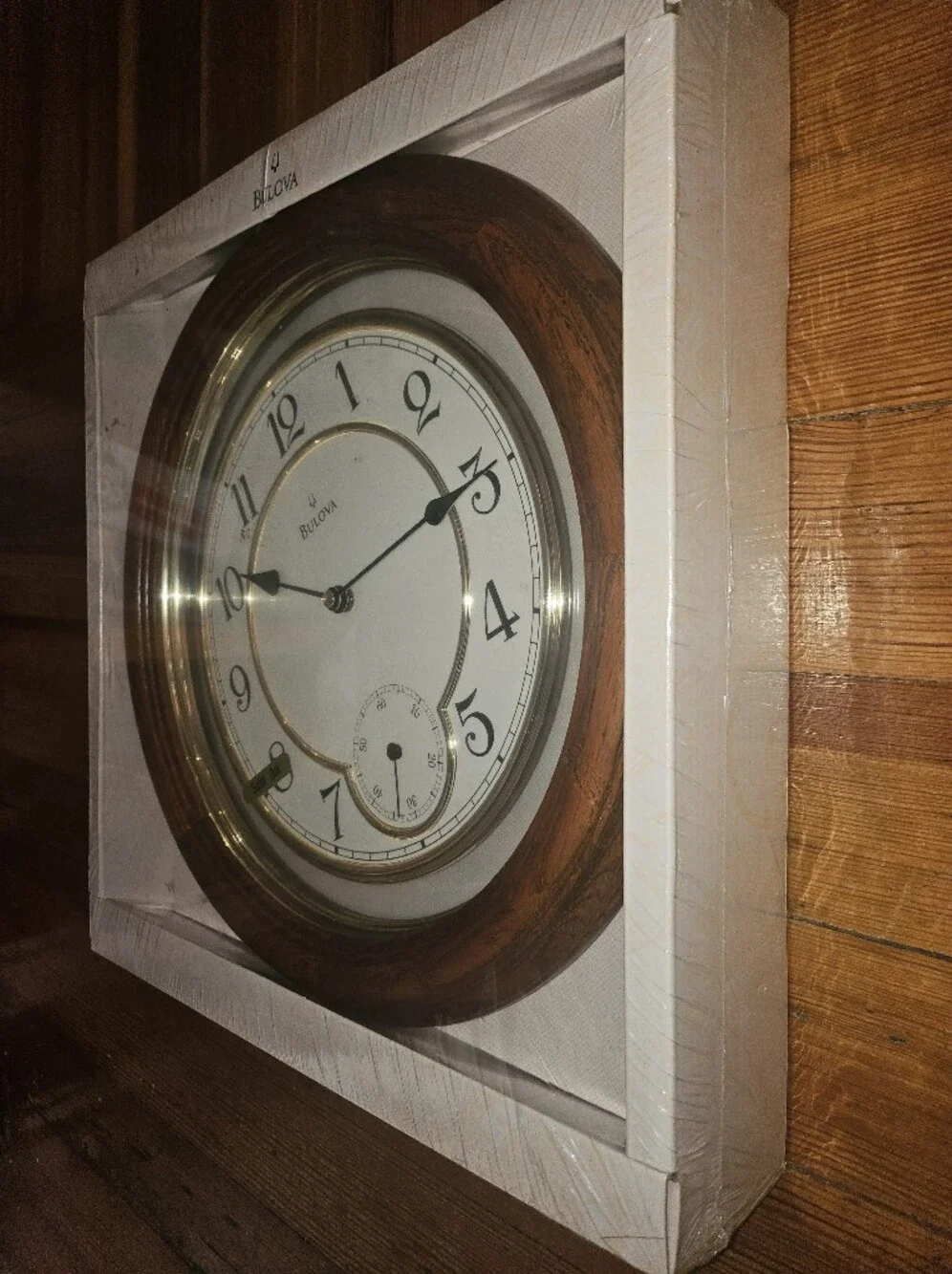 Bulova Solid Oak Brown & Gold Round Wall Clock -NEW